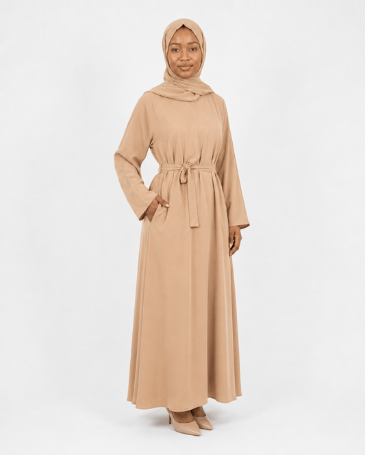 Jolie Nisa Abaya Beige Belted Nida Abaya | Includes Matching Hijab & Side Pockets Beige Belted Nida Abaya | Includes Matching Hijab & Side Pockets