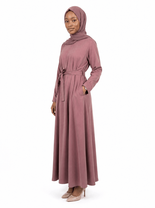 jolienisa Abaya Mauve Belted Nida Abaya | Includes Matching Hijab & Pockets Mauve Nida Abaya with Hijab & Belt | Jolie Nisa