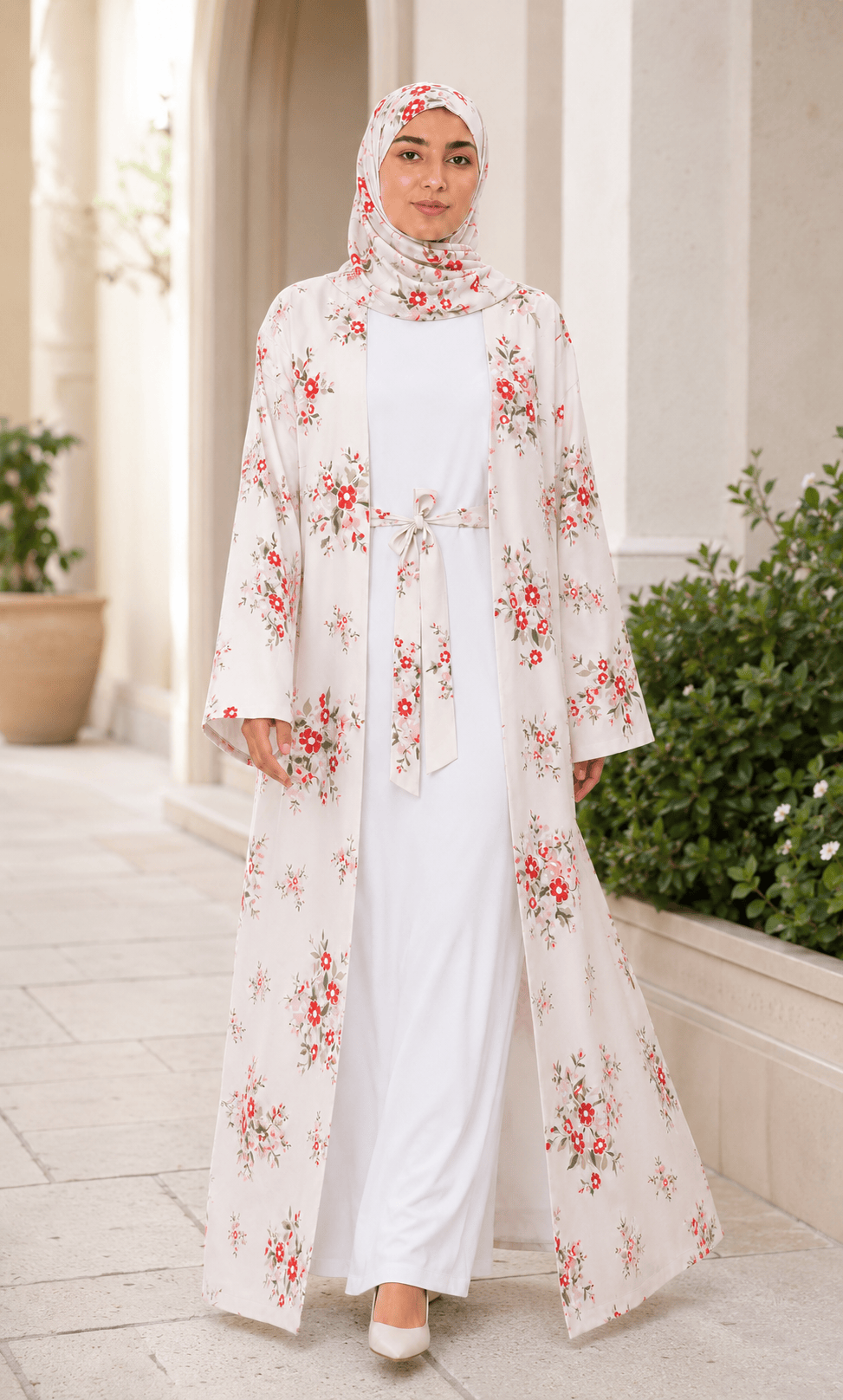 Jolie Nisa Open ABaya Blush Ivory Floral Open Kimono Abaya Set – 4 Piece Blush Ivory Floral Kimono Abaya Set – 4 Piece