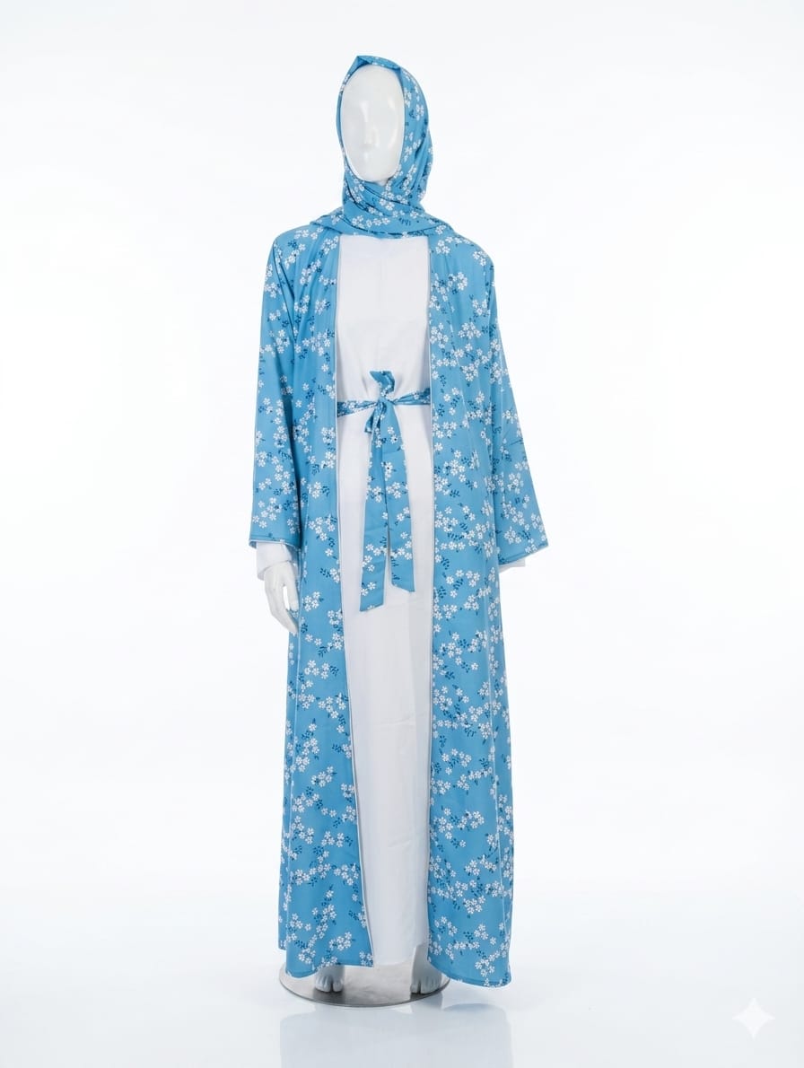 Sky Blue Floral Open Abaya Kimono Set (4-Piece) | Jolie Nisa