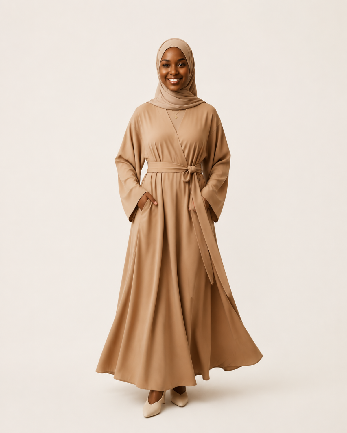 Beige abaya collection by Jolie Nisa featuring elegant modest fashion with matching hijab