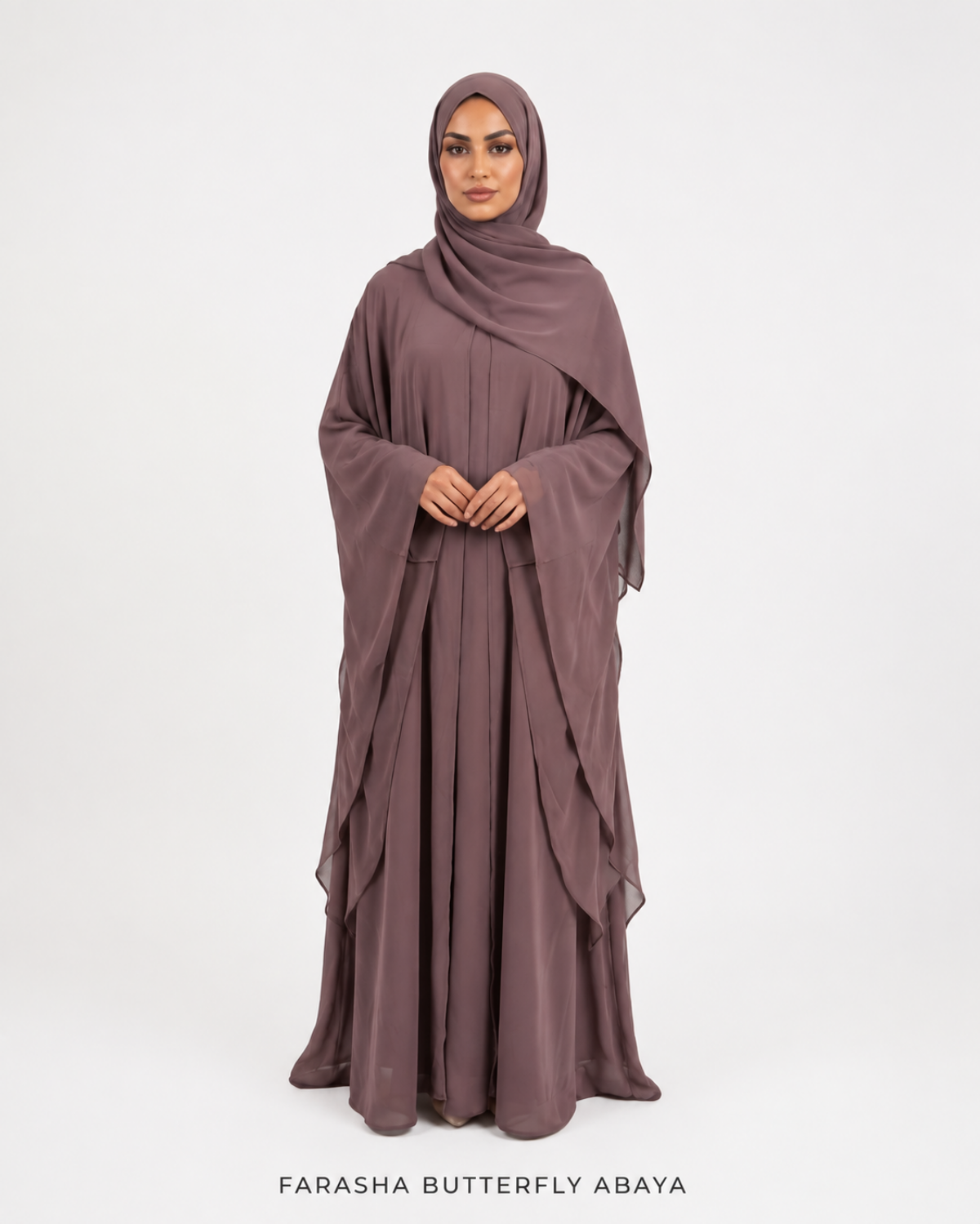 Mauve Farasha Butterfly Abaya collection by Jolie Nisa with flowing modest design