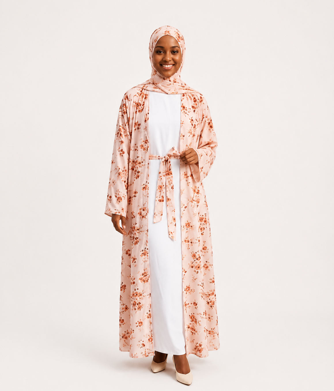 Pink floral kimono abaya collection by Jolie Nisa with matching hijab
