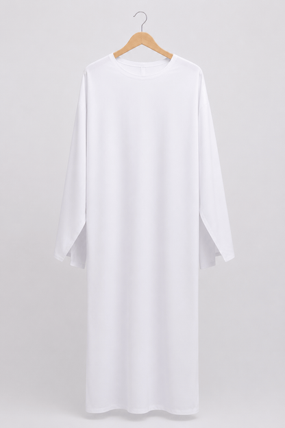 White full-length long-sleeve inner abaya included with the Jolie Nisa four-piece floral kimono set.