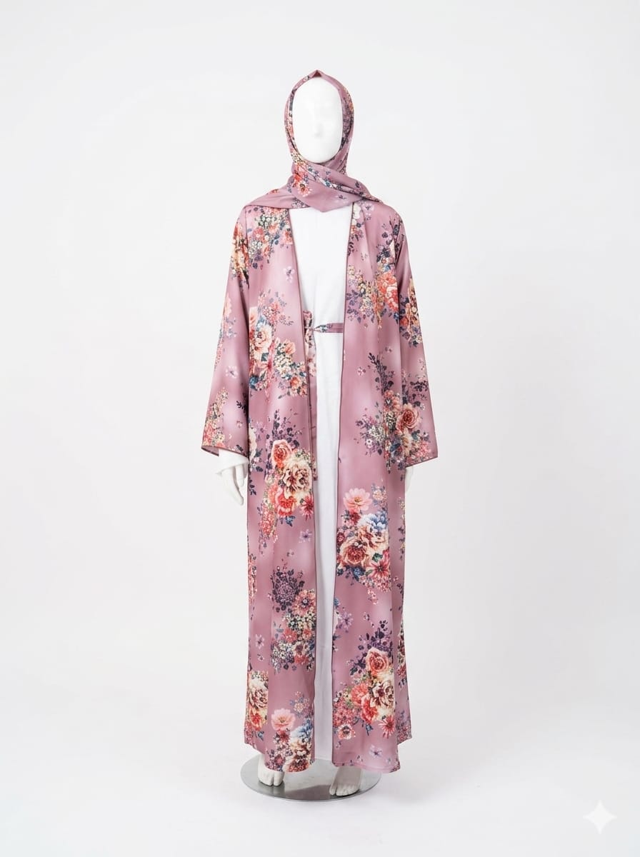 Mauve Floral 4-Piece Abaya Kimono Set | Jolie Nisa