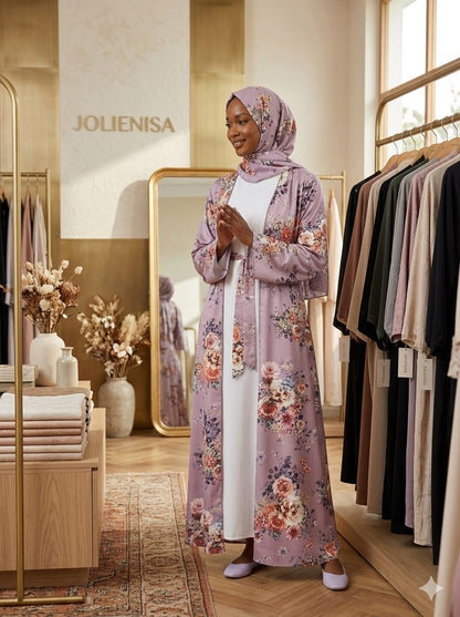 Mauve Floral 4-Piece Abaya Kimono Set | Jolie Nisa