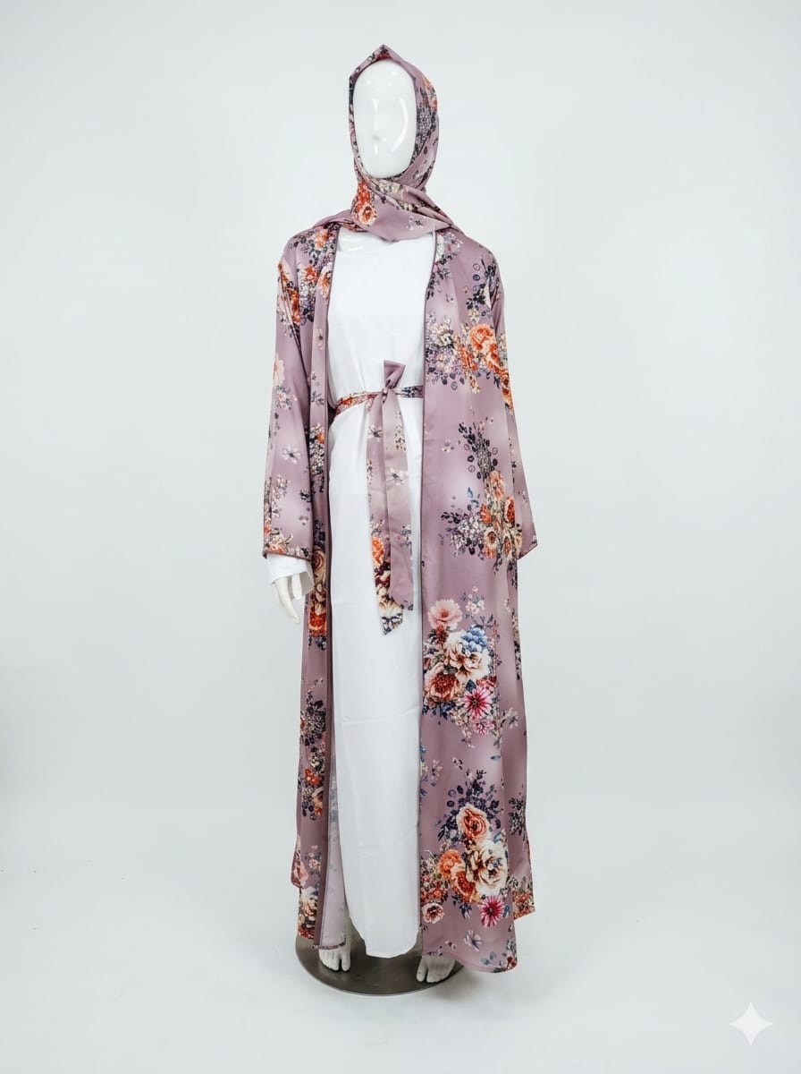 Mauve Floral 4-Piece Abaya Kimono Set | Jolie Nisa