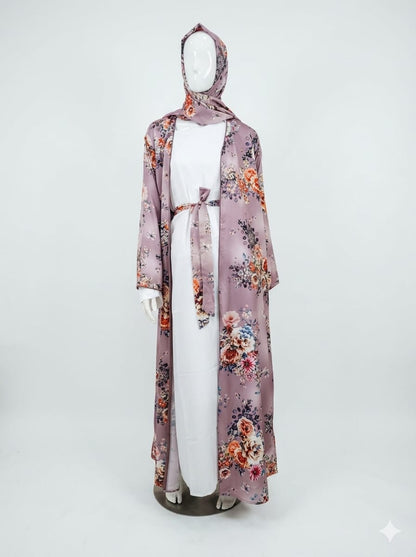 Mauve Floral 4-Piece Abaya Kimono Set | Jolie Nisa