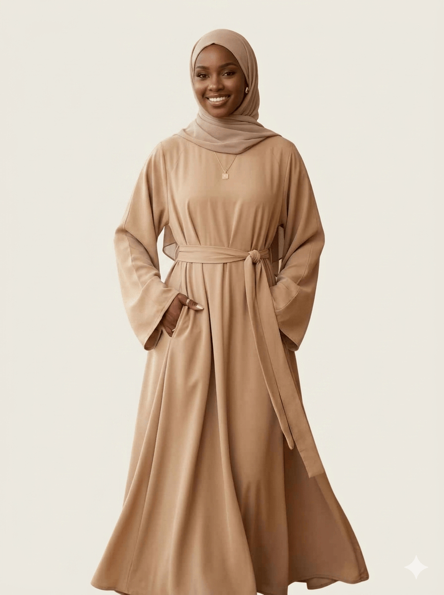 Jolie Nisa Abaya 52 Beige Belted Nida Abaya | Includes Matching Hijab & Side Pockets Beige Belted Nida Abaya | Includes Matching Hijab & Side Pockets