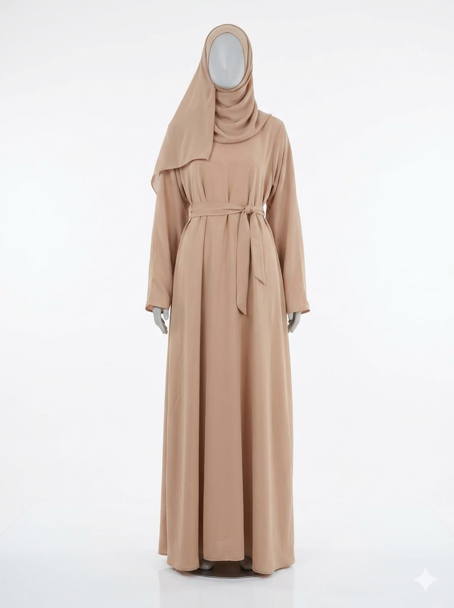 Jolie Nisa Abaya Beige Belted Nida Abaya | Includes Matching Hijab & Side Pockets Beige Belted Nida Abaya | Includes Matching Hijab & Side Pockets
