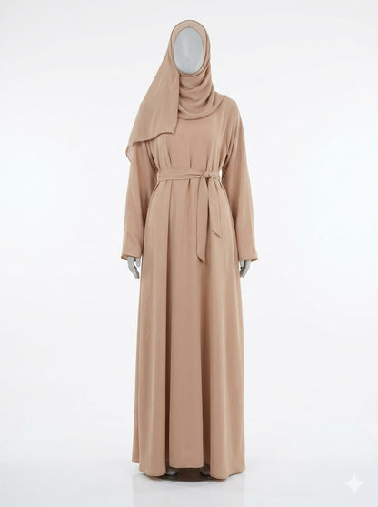 Jolie Nisa Abaya Beige Belted Nida Abaya | Includes Matching Hijab & Side Pockets Beige Belted Nida Abaya | Includes Matching Hijab & Side Pockets