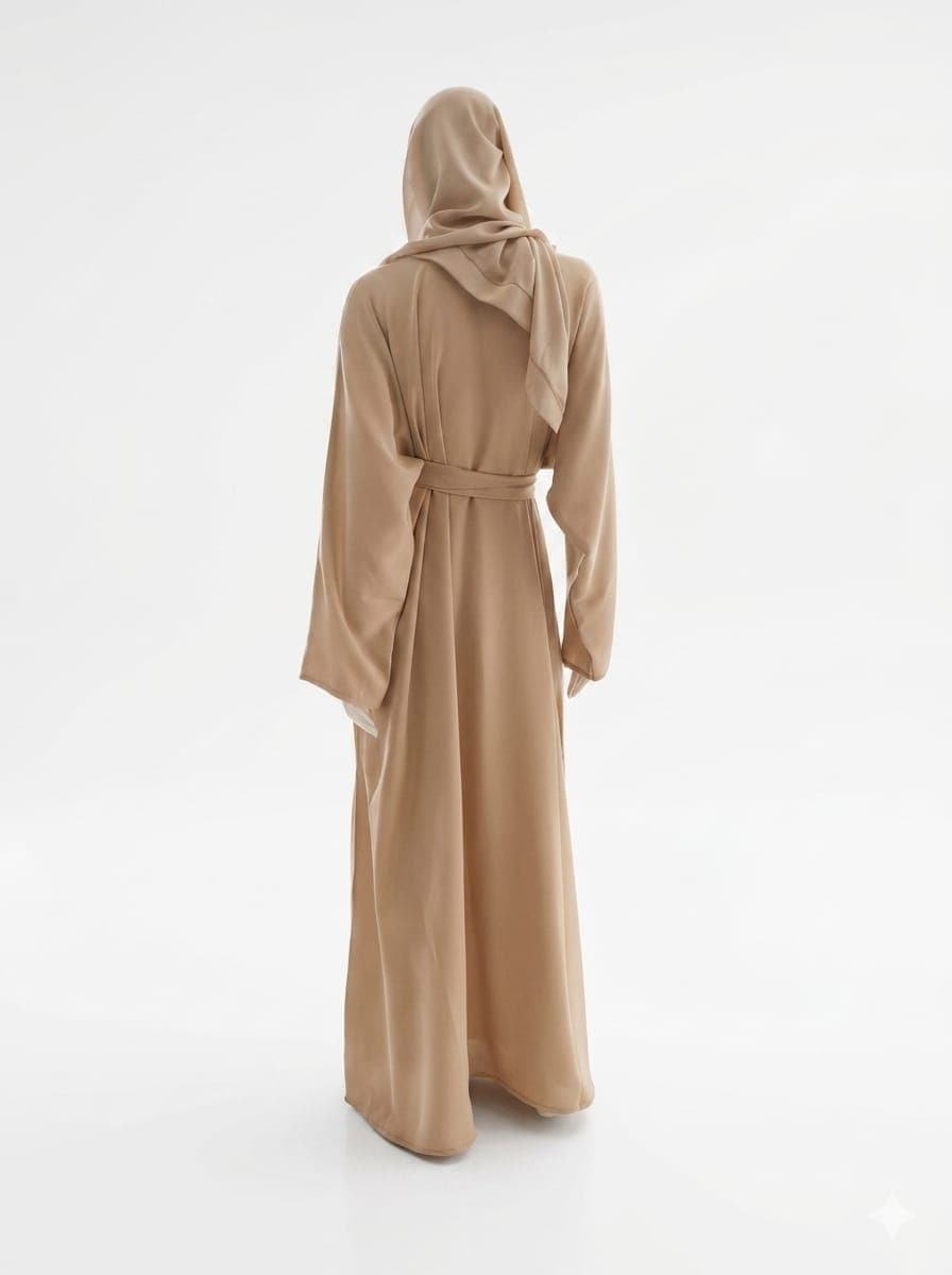 Jolie Nisa Abaya Beige Belted Nida Abaya | Includes Matching Hijab & Side Pockets Beige Belted Nida Abaya | Includes Matching Hijab & Side Pockets