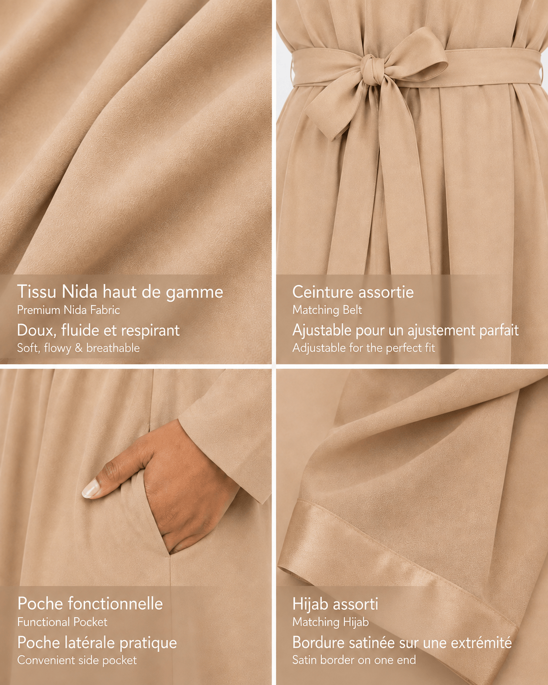 Jolie Nisa Abaya Beige Belted Nida Abaya | Includes Matching Hijab & Side Pockets Beige Belted Nida Abaya | Includes Matching Hijab & Side Pockets