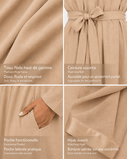 Jolie Nisa Abaya Beige Belted Nida Abaya | Includes Matching Hijab & Side Pockets Beige Belted Nida Abaya | Includes Matching Hijab & Side Pockets