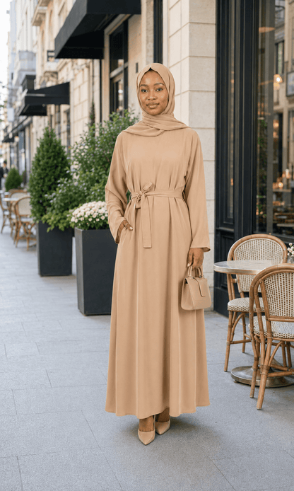 Jolie Nisa Abaya Beige Belted Nida Abaya | Includes Matching Hijab & Side Pockets Beige Belted Nida Abaya | Includes Matching Hijab & Side Pockets