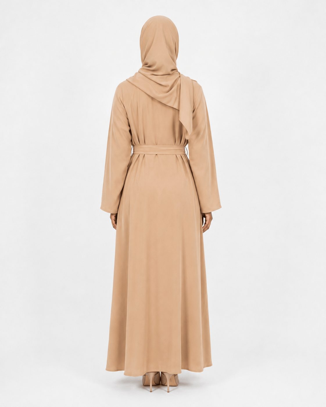Jolie Nisa Abaya Beige Belted Nida Abaya | Includes Matching Hijab & Side Pockets Beige Belted Nida Abaya | Includes Matching Hijab & Side Pockets