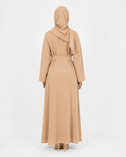Jolie Nisa Abaya Beige Belted Nida Abaya | Includes Matching Hijab & Side Pockets Beige Belted Nida Abaya | Includes Matching Hijab & Side Pockets