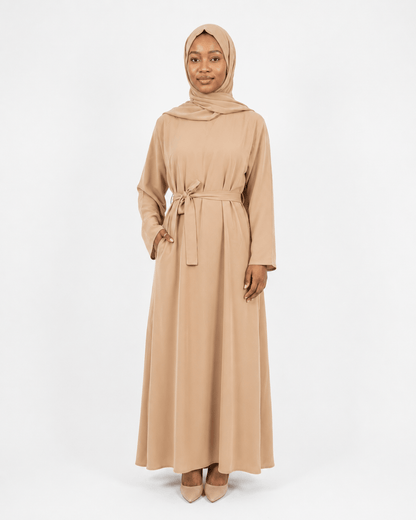 Jolie Nisa Abaya Beige Belted Nida Abaya | Includes Matching Hijab & Side Pockets Beige Belted Nida Abaya | Includes Matching Hijab & Side Pockets