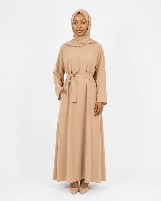Jolie Nisa Abaya Beige Belted Nida Abaya | Includes Matching Hijab & Side Pockets Beige Belted Nida Abaya | Includes Matching Hijab & Side Pockets