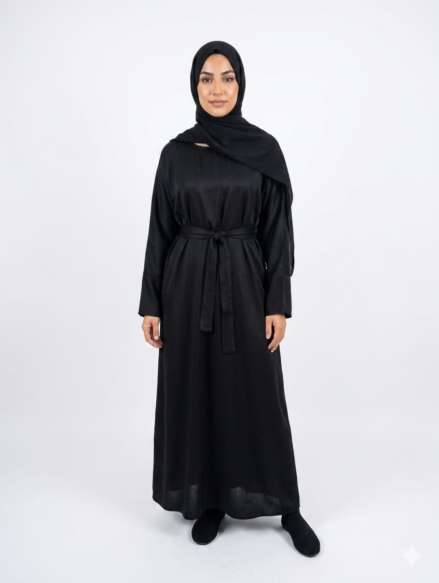 Jolie Nisa Abaya Black Belted Nida Abaya | Includes Matching Hijab & Pockets Black Belted Nida Abaya | Includes Matching Hijab & Pockets