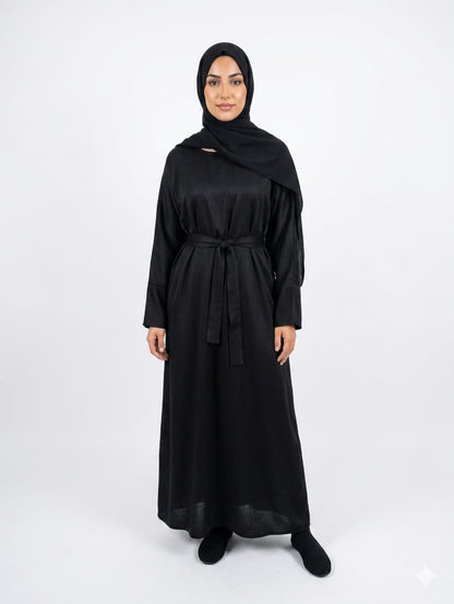 Jolie Nisa Abaya Black Belted Nida Abaya | Includes Matching Hijab & Pockets Black Belted Nida Abaya | Includes Matching Hijab & Pockets