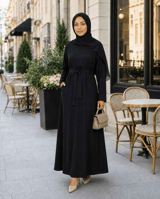 Jolie Nisa Abaya Black Belted Nida Abaya | Includes Matching Hijab & Pockets Black Belted Nida Abaya | Includes Matching Hijab & Pockets
