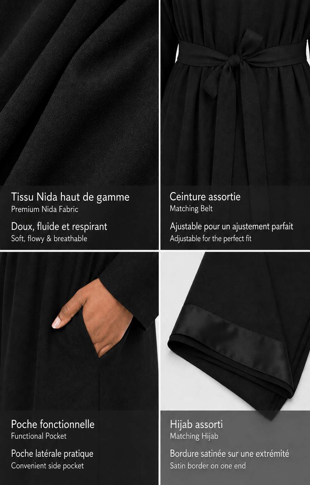 Jolie Nisa Abaya Black Belted Nida Abaya | Includes Matching Hijab & Pockets Black Belted Nida Abaya | Includes Matching Hijab & Pockets