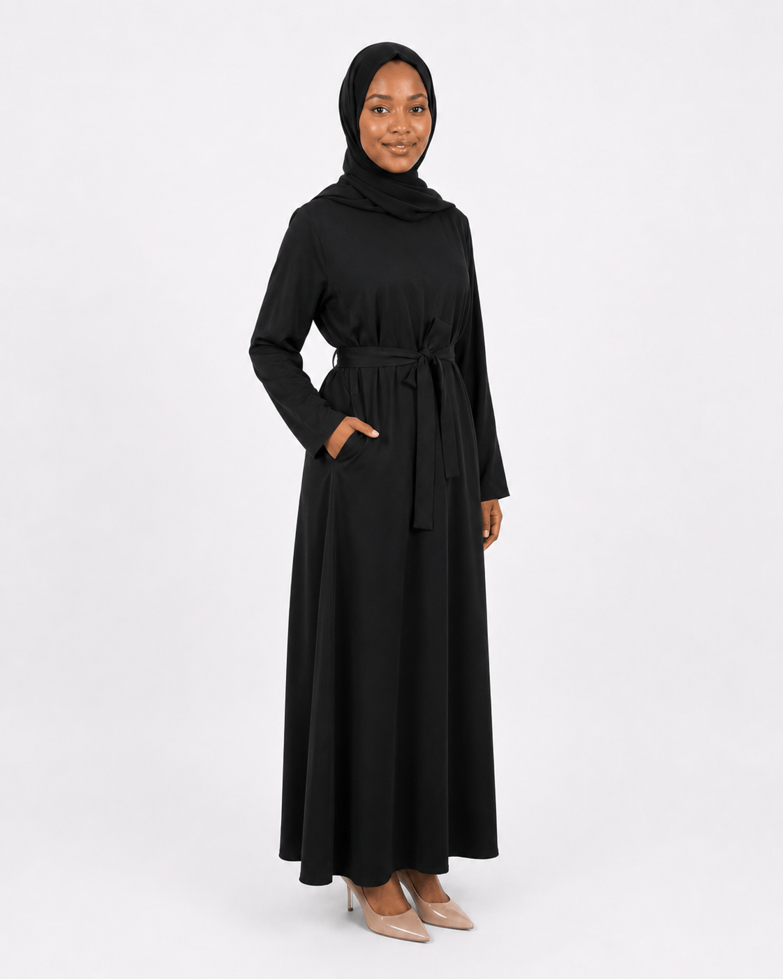 Jolie Nisa Abaya Black Belted Nida Abaya | Includes Matching Hijab & Pockets Black Belted Nida Abaya | Includes Matching Hijab & Pockets