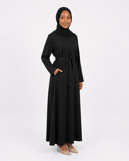 Jolie Nisa Abaya Black Belted Nida Abaya | Includes Matching Hijab & Pockets Black Belted Nida Abaya | Includes Matching Hijab & Pockets
