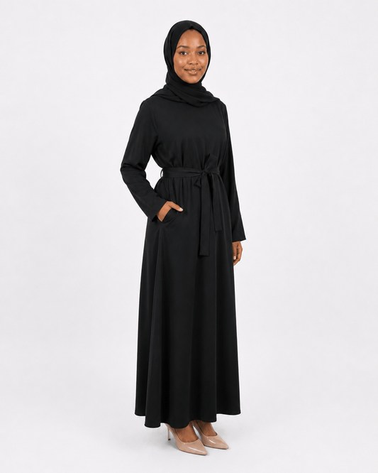 Jolie Nisa Abaya Black Belted Nida Abaya | Includes Matching Hijab & Pockets Black Belted Nida Abaya | Includes Matching Hijab & Pockets