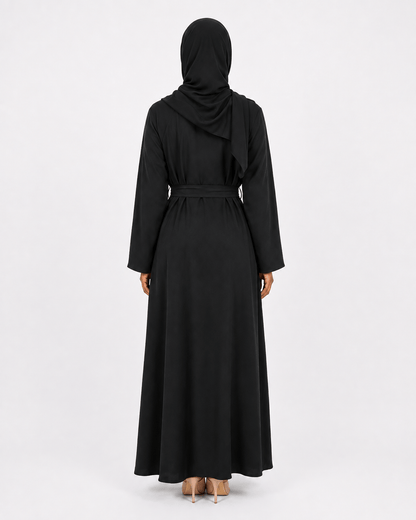 Jolie Nisa Abaya Black Belted Nida Abaya | Includes Matching Hijab & Pockets Black Belted Nida Abaya | Includes Matching Hijab & Pockets