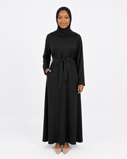 Jolie Nisa Abaya Black Belted Nida Abaya | Includes Matching Hijab & Pockets Black Belted Nida Abaya | Includes Matching Hijab & Pockets