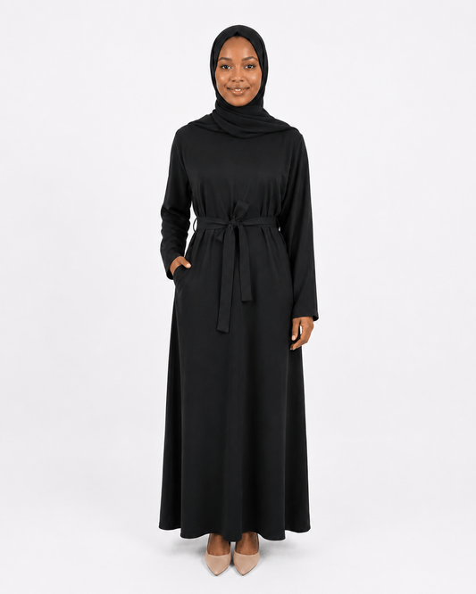 Jolie Nisa Abaya Black Belted Nida Abaya | Includes Matching Hijab & Pockets Black Belted Nida Abaya | Includes Matching Hijab & Pockets