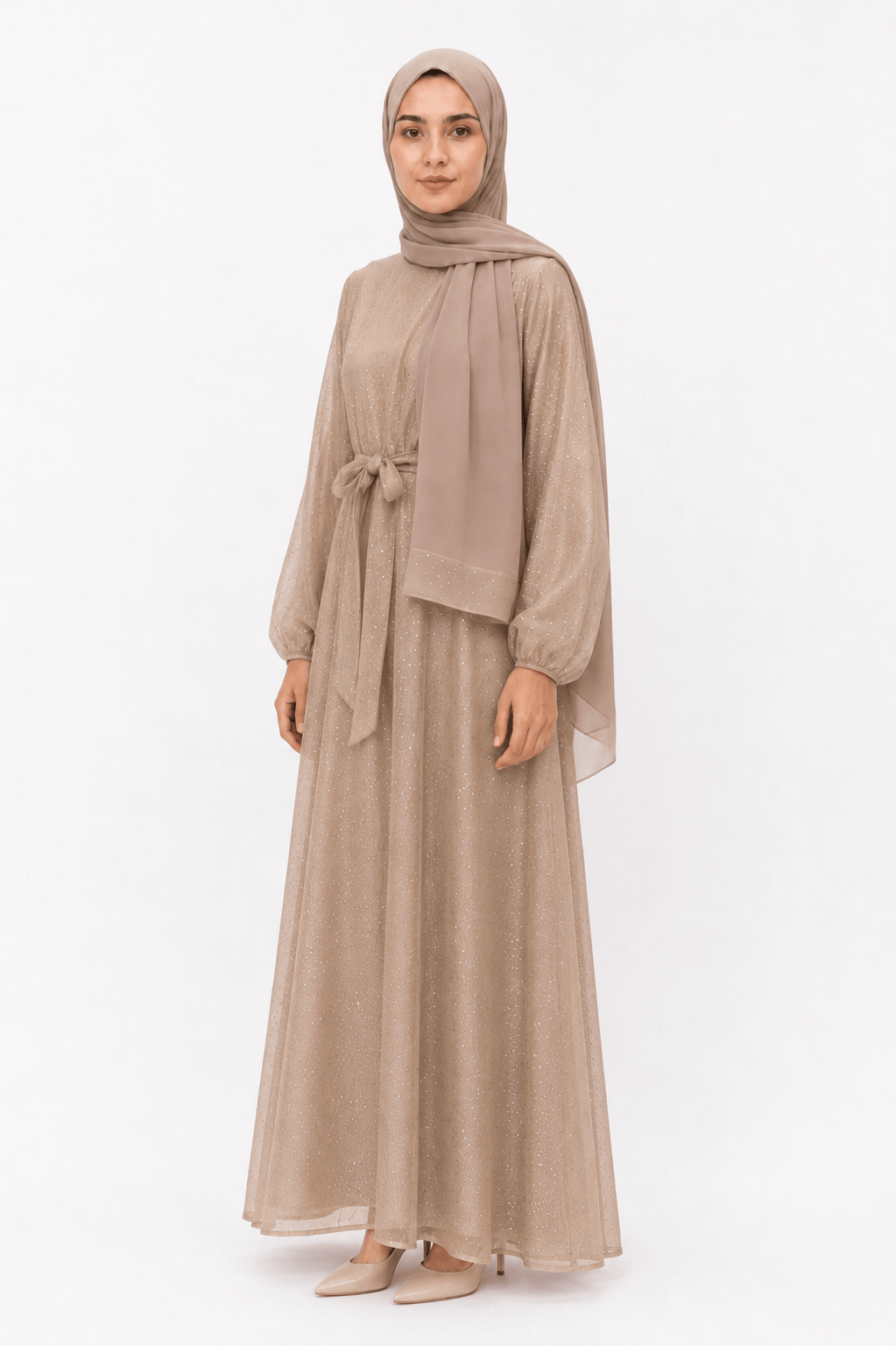 jolienisa Abaya 52 Golden Taupe Sparkle Organza Closed Abaya Set Golden Taupe Organza Closed Abaya Set | Jolie Nisa