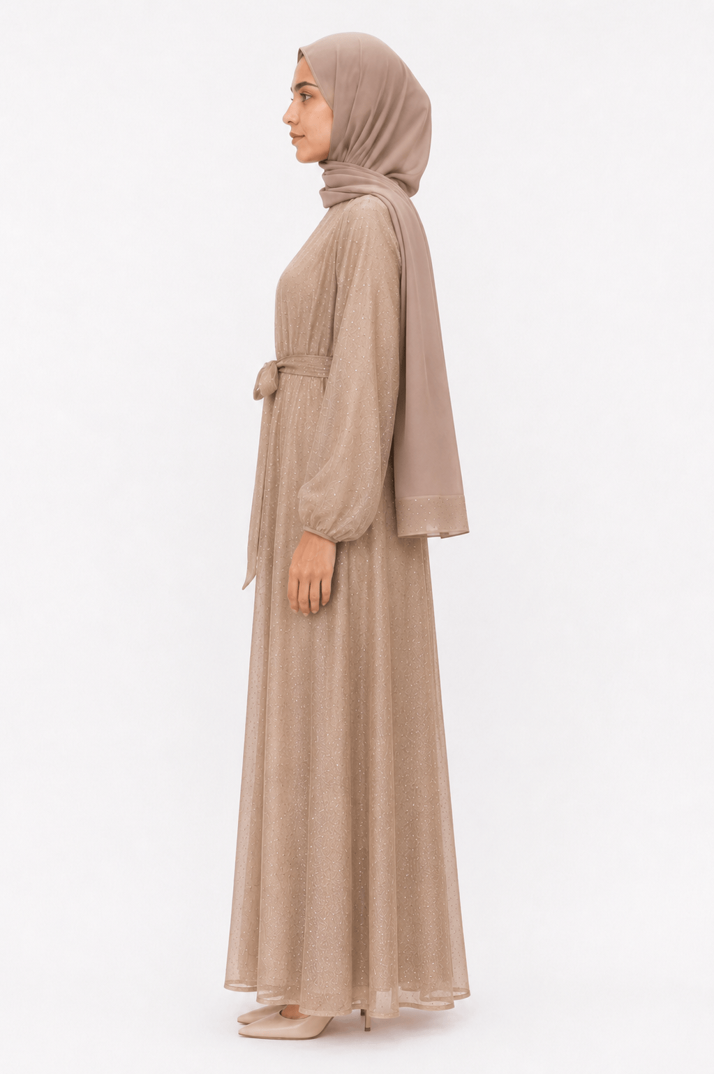 jolienisa Abaya Golden Taupe Sparkle Organza Closed Abaya Set Golden Taupe Organza Closed Abaya Set | Jolie Nisa