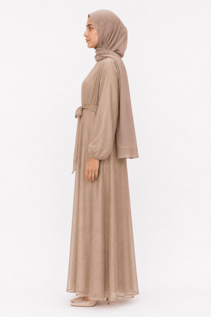 jolienisa Abaya Golden Taupe Sparkle Organza Closed Abaya Set Golden Taupe Organza Closed Abaya Set | Jolie Nisa