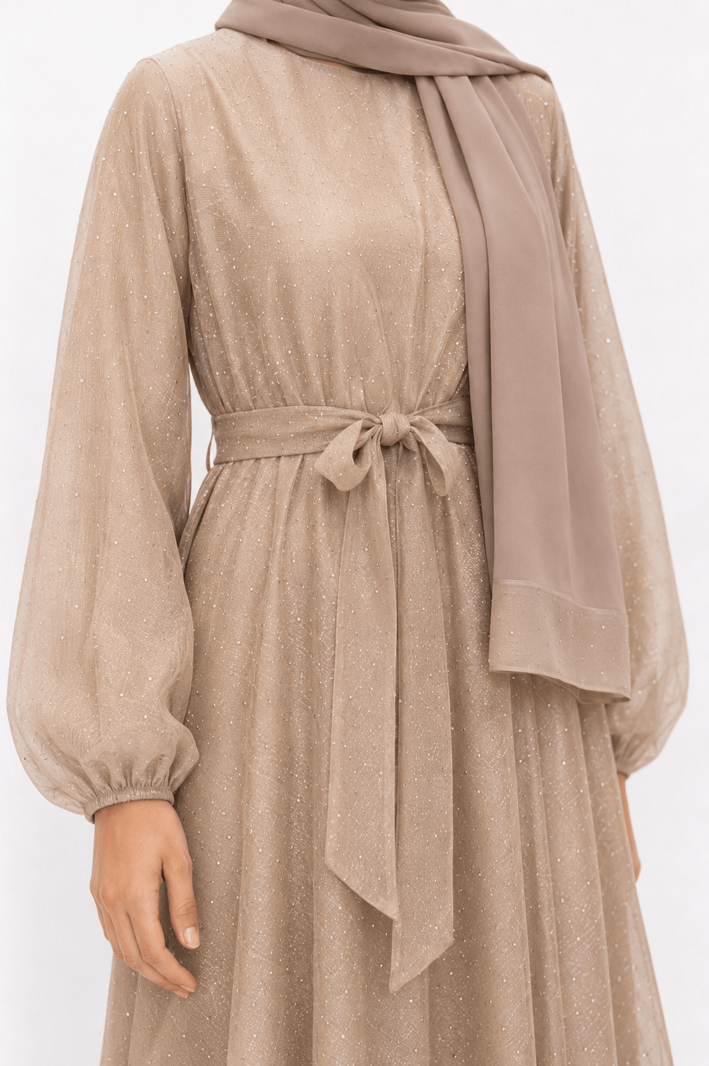 jolienisa Abaya Golden Taupe Sparkle Organza Closed Abaya Set Golden Taupe Organza Closed Abaya Set | Jolie Nisa