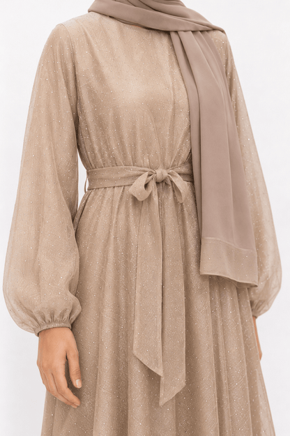 jolienisa Abaya Golden Taupe Sparkle Organza Closed Abaya Set Golden Taupe Organza Closed Abaya Set | Jolie Nisa