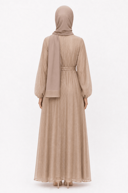 jolienisa Abaya Golden Taupe Sparkle Organza Closed Abaya Set Golden Taupe Organza Closed Abaya Set | Jolie Nisa