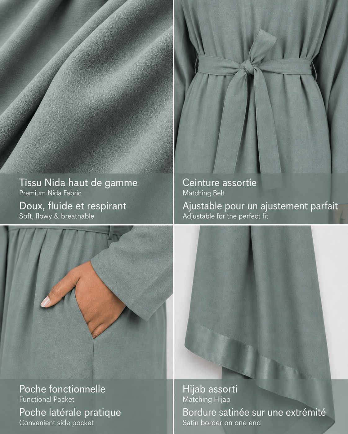 Jolie Nisa Abaya Jade Belted Nida Abaya | Includes Matching Hijab & Pockets Jade Belted Nida Abaya | Includes Matching Hijab & Pockets