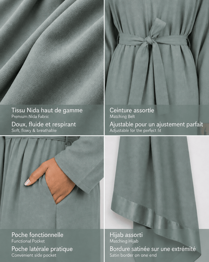 Jolie Nisa Abaya Jade Belted Nida Abaya | Includes Matching Hijab & Pockets Jade Belted Nida Abaya | Includes Matching Hijab & Pockets