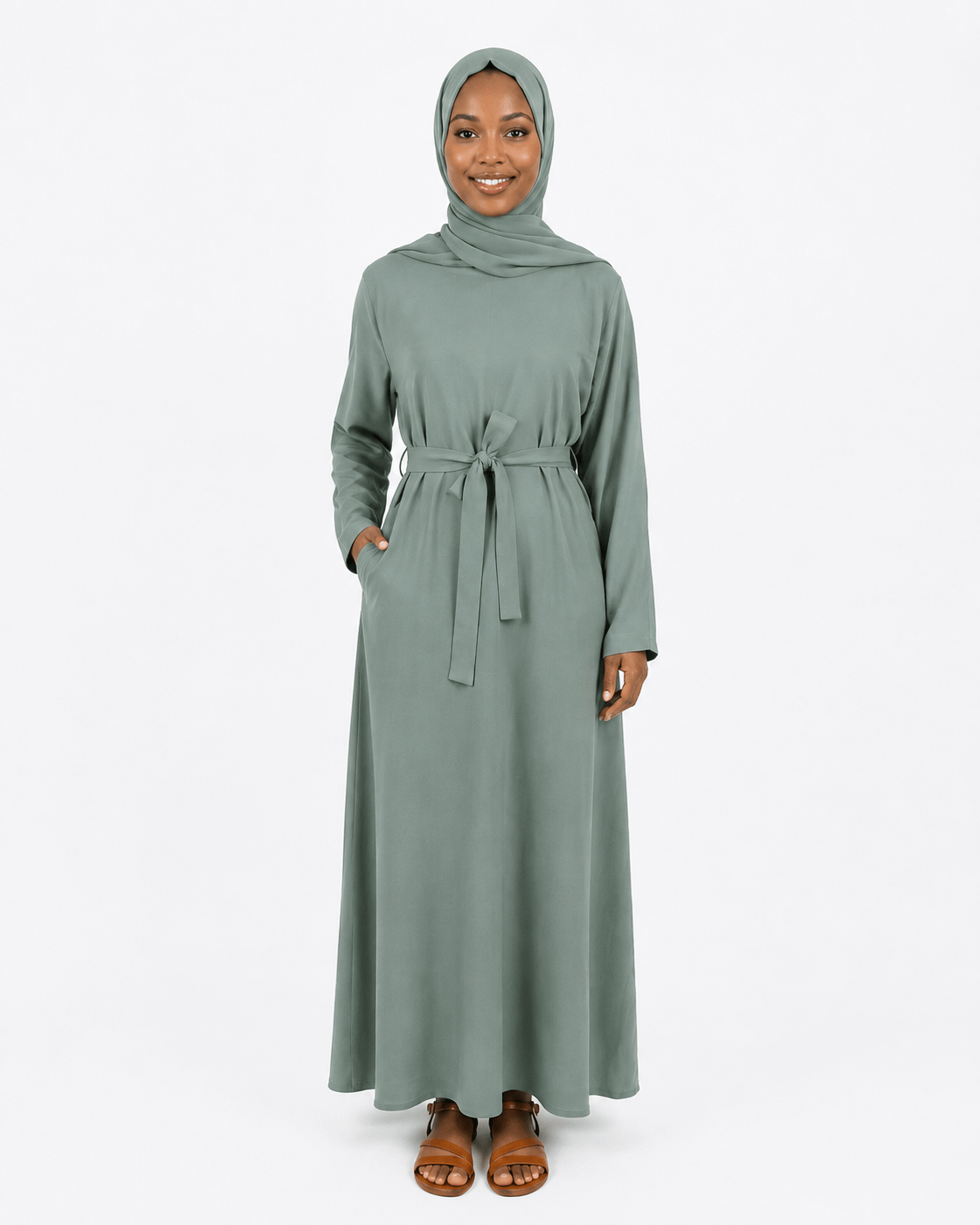 Jolie Nisa Abaya Jade Belted Nida Abaya | Includes Matching Hijab & Pockets Jade Belted Nida Abaya | Includes Matching Hijab & Pockets
