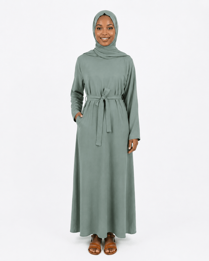 Jolie Nisa Abaya Jade Belted Nida Abaya | Includes Matching Hijab & Pockets Jade Belted Nida Abaya | Includes Matching Hijab & Pockets