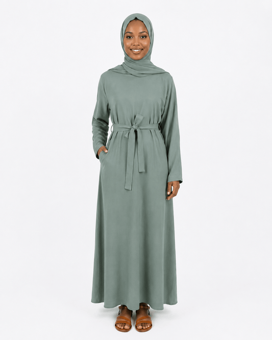 Jolie Nisa Abaya Jade Belted Nida Abaya | Includes Matching Hijab & Pockets Jade Belted Nida Abaya | Includes Matching Hijab & Pockets