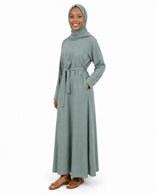 Jolie Nisa Abaya Jade Belted Nida Abaya | Includes Matching Hijab & Pockets Jade Belted Nida Abaya | Includes Matching Hijab & Pockets