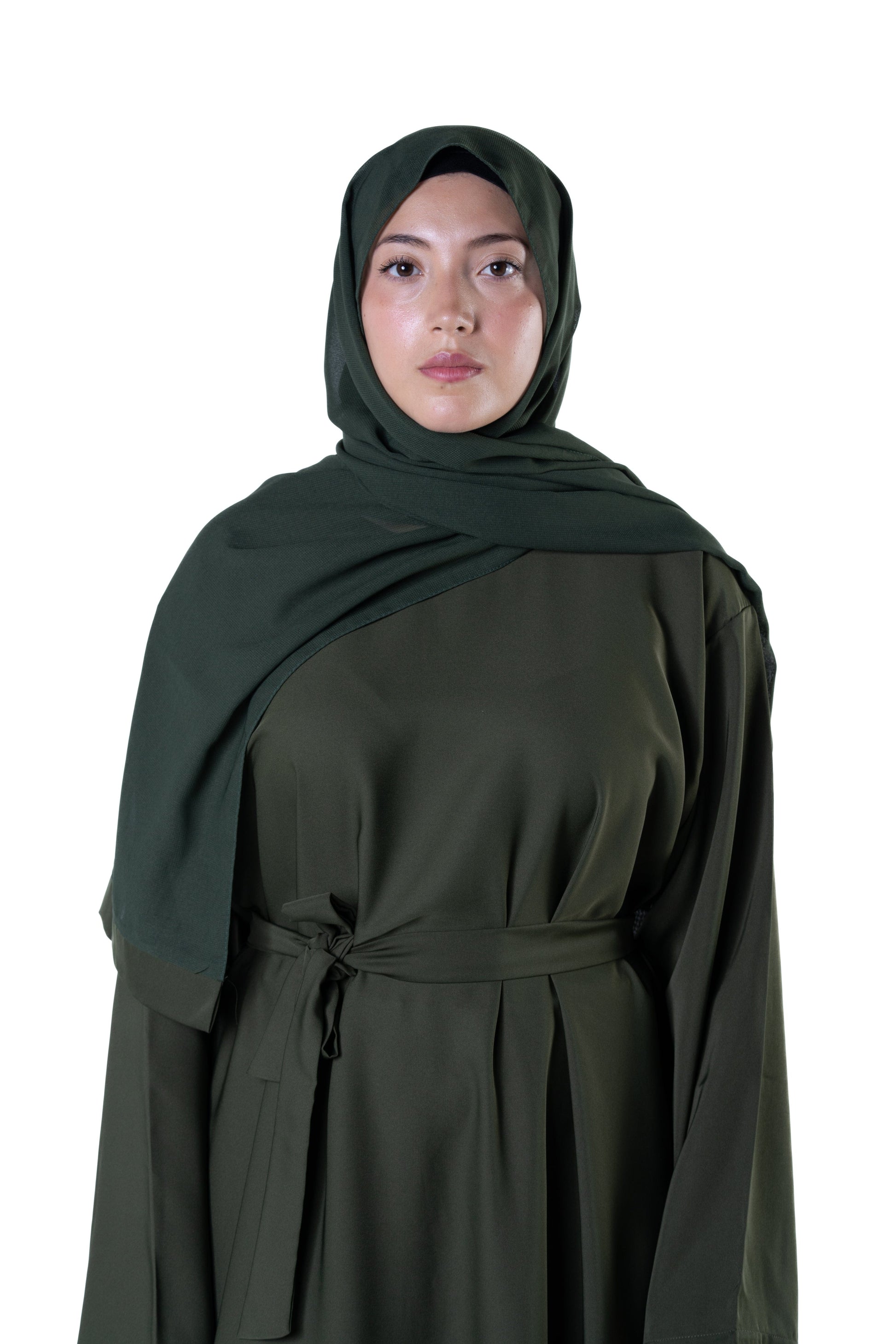 Jolie Nisa Olive Green Satin Abaya Full-Length with Belt & Hijab jolienisa Jolie Nisa Olive Green Satin Abaya Full-Length with Belt & Hijab jolienisa
