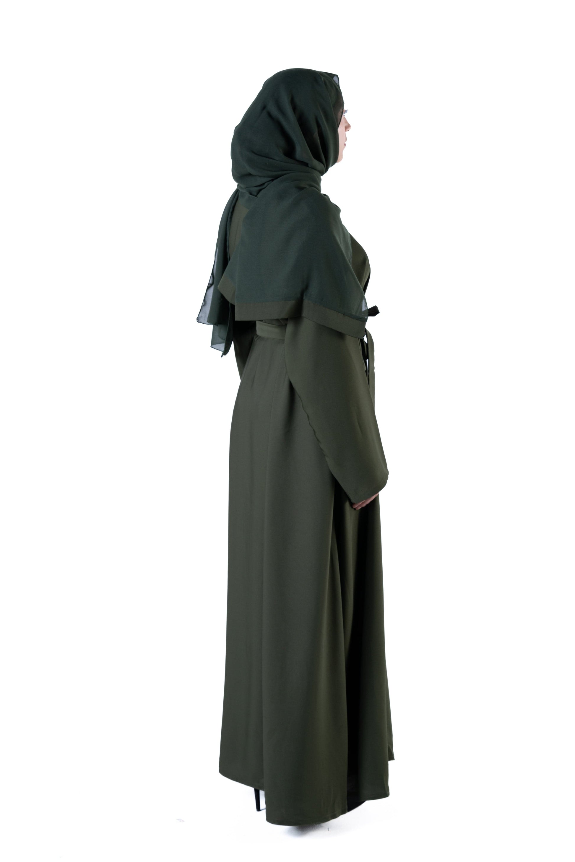 Jolie Nisa Olive Green Satin Abaya Full-Length with Belt & Hijab jolienisa Jolie Nisa Olive Green Satin Abaya Full-Length with Belt & Hijab jolienisa