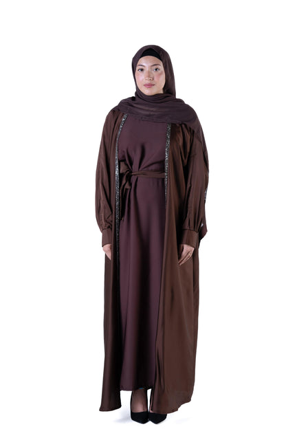 Jolie Nisa Abaya Luxurious  Brown Open Abaya Kimono with Border Trim | Jolie Nisa | Montreal