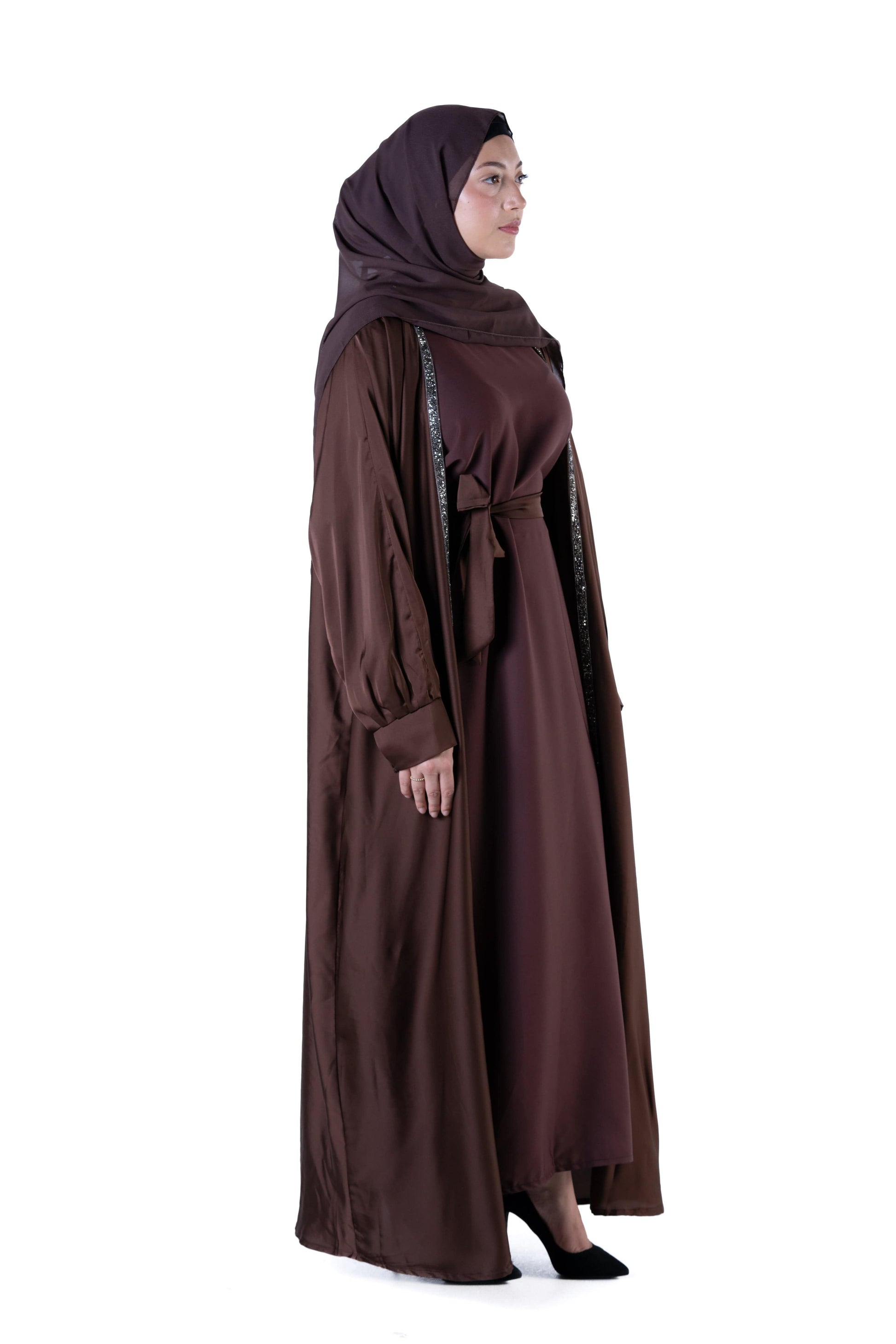 Jolie Nisa Abaya Luxurious  Brown Open Abaya Kimono with Border Trim | Jolie Nisa | Montreal