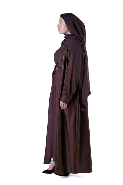 Jolie Nisa Abaya Luxurious  Brown Open Abaya Kimono with Border Trim | Jolie Nisa | Montreal